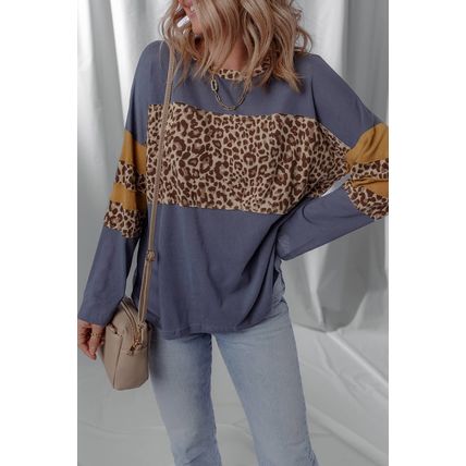 Dark Blue Leopard Colorblock Patchwork Long Sleeve Drop Shoulder Top