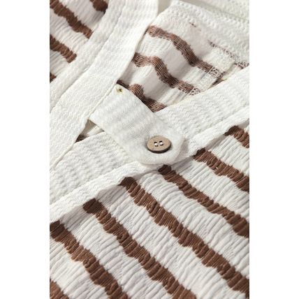 Khaki Stripe Textured Hooded V Neck Casual Long Sleeve Top