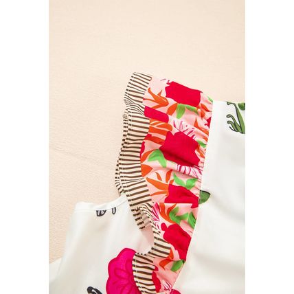 Pink Floral Print Tie Neck Striped Detail Flutter Sleeve Blouse