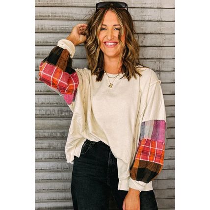 Beige Contrast Plaid Long Sleeve Exposed Seam Patchwork Top