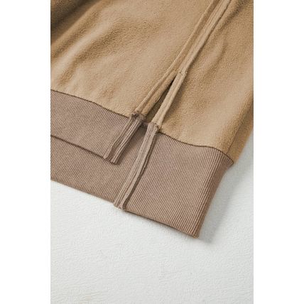 Dark Khaki Fuzzy Sherpa Splicing Pullover Sweatshirt with Side Slit