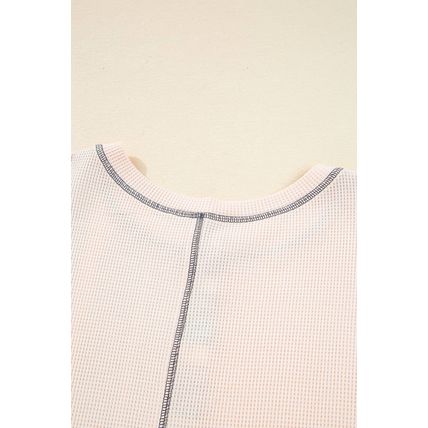 Beige Striped Waffle Patchwork Exposed Seam Raw Edge Casual Knit Top