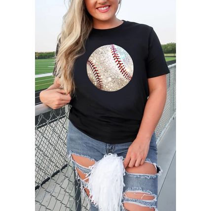 Black Heat Transfer Baseball Print Cotton Blend T Shirt