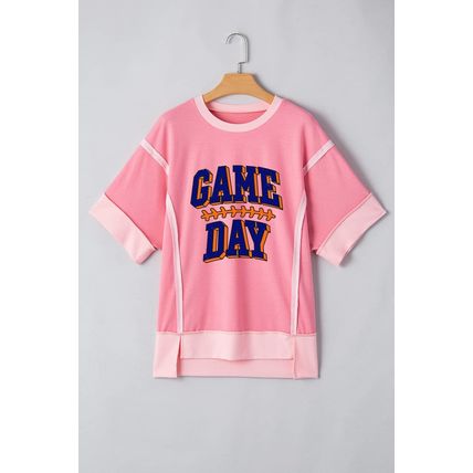 Peach Blossom Raw Seam Patchwork GAME DAY Letter Graphic Loose Tee