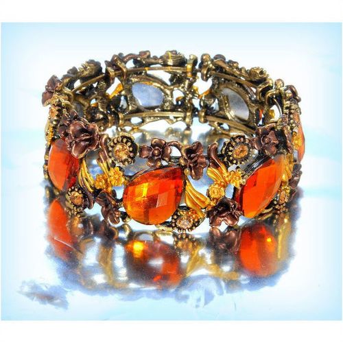 Pretty Bronze Amber Retro Enamel Crystal Floral Bracelet Bangle Jewellery 2120