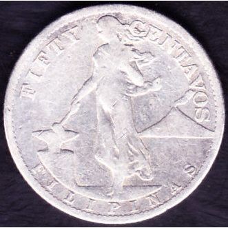 1918 S Philippines 50 Centavos Silver Coin