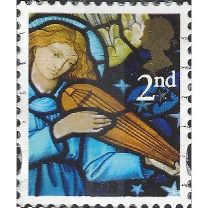 GB, CHRISTMAS, Stained glass, angel with stringed instument, blue 2009, 2nd, #5