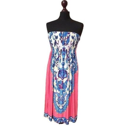 Strappless Elastic Blue Pink White Multi Statement Print Tunic Dress M 12 UK
