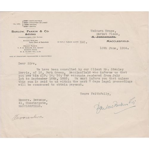 Letter 1954 Barlow Parkin Solicitor to Newmans re debt to Mr Stanley see rest