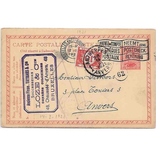 Belgium Postal Card Bruxelles to Anvers with Postage Due nicely tied 1921