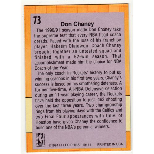 1991 Fleer Basketball card 73 Coach Don Chaney - Rockets