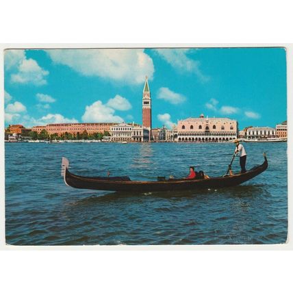 Postcard San Marco Basin, Venice, Italy. Gondola, Doge’s Palace, Campanile