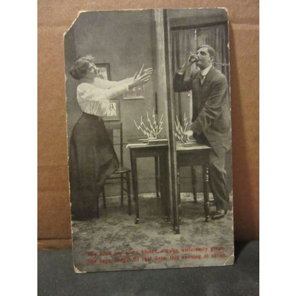 kisses wirelessly given , LOVERS used antique postcard 1911 pm