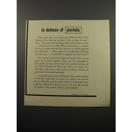 1950 Wallachs Hart Schaffner & Marx Suits Ad - In defense of pockets