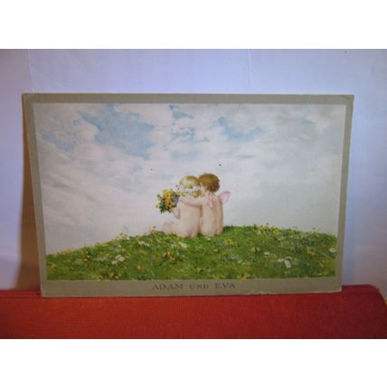 ADAM UND EVA by M Munk. unused antique postcard naked children in meadow =