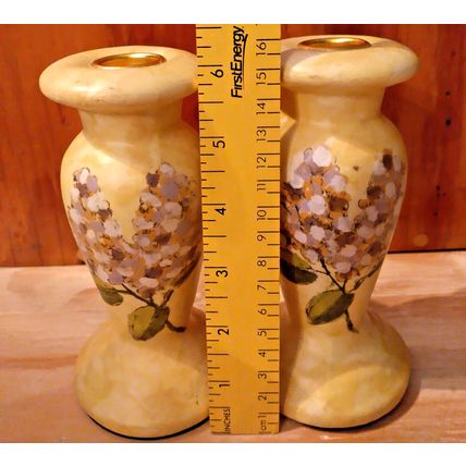 Hand Painted Floral Ceramic 6" Tall Candlesticks Lilacs Botanical Black Bottoms