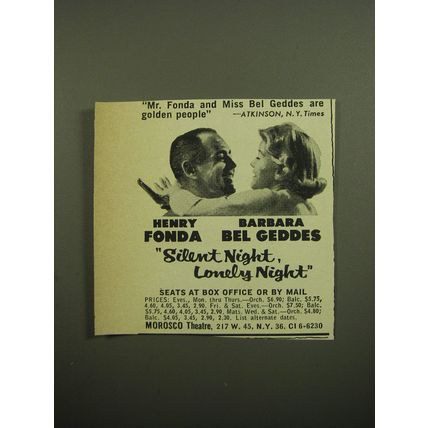 1960 Silent Night, Lonely Night Play Ad - Mr. Fonda and Miss Bel Geddes