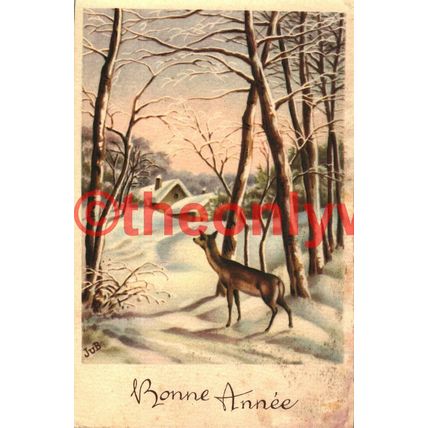Bonne Annee (Snow Scene with Deer), French Postcard 1949