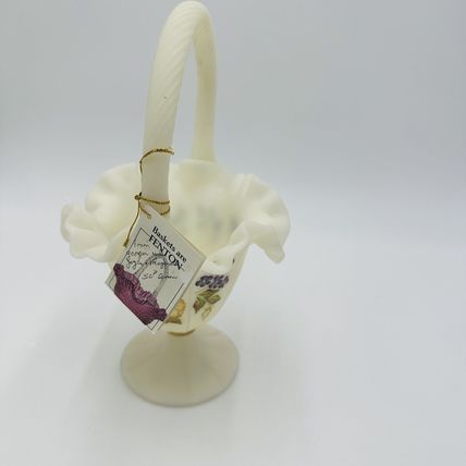 Fenton Basket Art Custard Glass Signed Ruffled Floral Butterfly Hand Painted