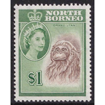 North Borneo QEII 1961 $1 Brown Yellow-Green Orangutan SG403 Mint MH