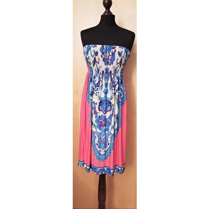 Strappless Elastic Blue Pink White Multi Statement Print Tunic Dress M 12 UK