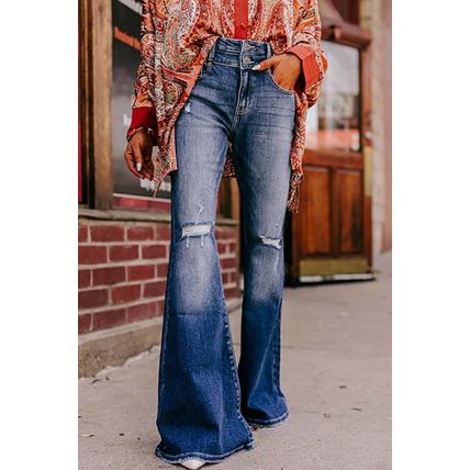 Sky Blue Button Fly Ripped High Waist Flare Jeans