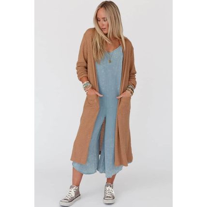 Chestnut Long Waffle Knit Cardigan with Pockets