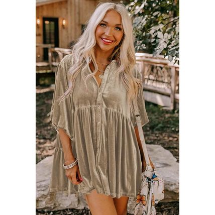 Pale Khaki 3/4 Sleeve Tunic Babydoll Velvet Shirt