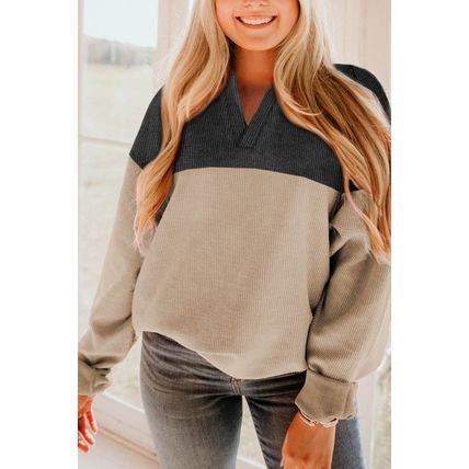 Carbon Grey Notched Neck Colorblock Corded Sweatshirt