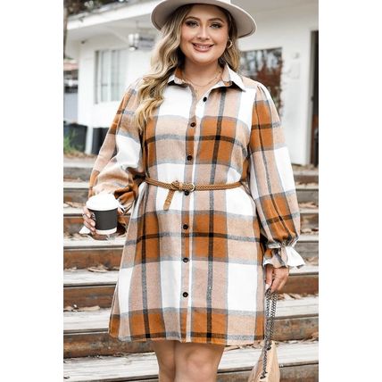 Khaki Plus Size Plaid Flounce Sleeve Button up Shirt Dress