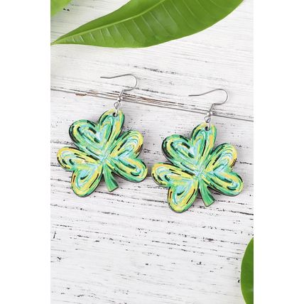 Light Green St. Patrick Painted Shamrock Shape Drop Earrings