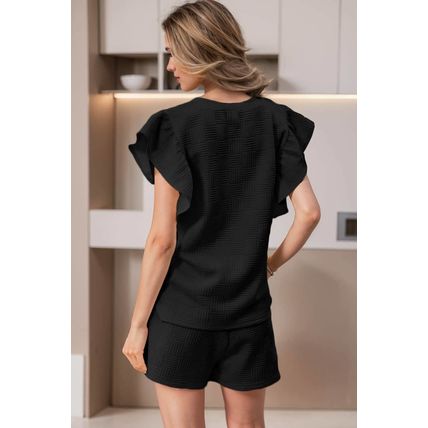 Black Textured Ruffled Sleeve Tee and Drawstring Shorts Set
