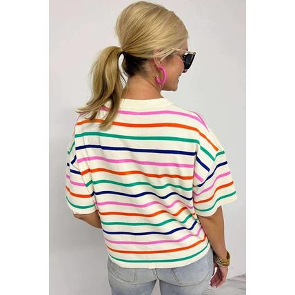 Beige Stripe Dropped Short Sleeve Boxy Fit Knitted Top