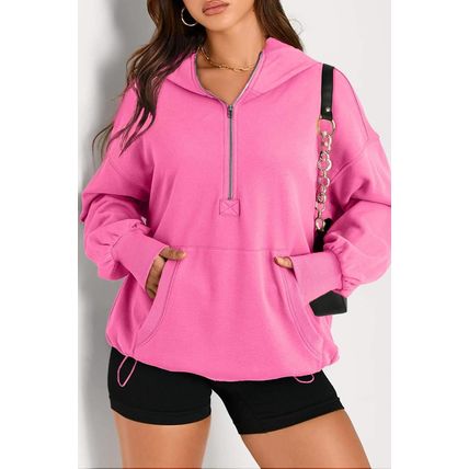 Bonbon Solid Kangaroo Pocket Half Zipper Oversized Hoodie
