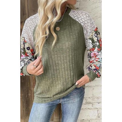 Laurel Green Floral Patchwork Long Sleeve Ribbed Blouse