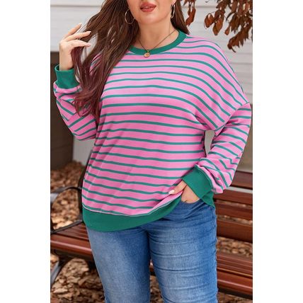 Pink Stripe Waffle Knit Crew Neck Plus Size Sweatshirt