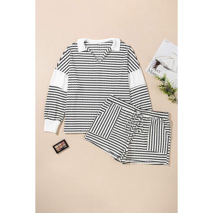 Black Stripe Collared V Neck Long Sleeve Top Plus Shorts Set