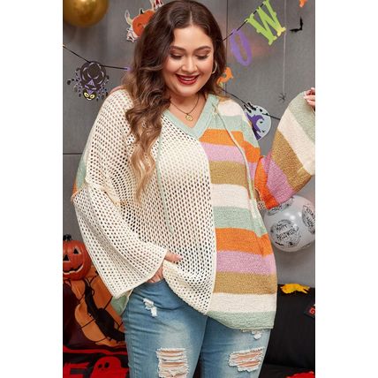 Beige Pointelle Knit Colorblock Patchwork V Neck Hooded Plus Sweater