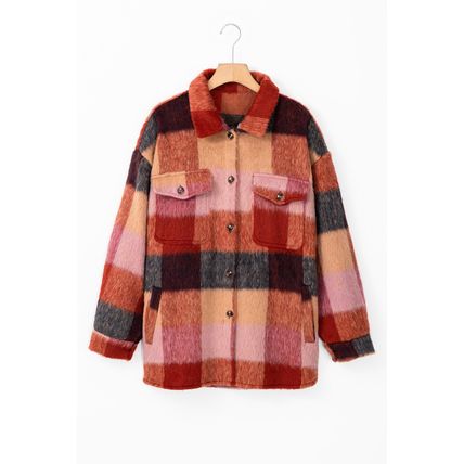 Orange Plaid Print Flap Pockets Buttoned Casual Plus Size Jacket
