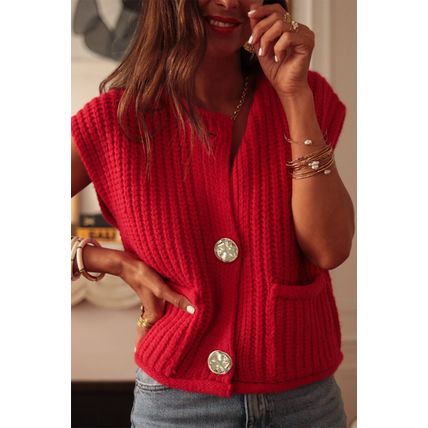 Fiery Red Solid Textured Knit Side Pockets Buttoned Sweater Vest