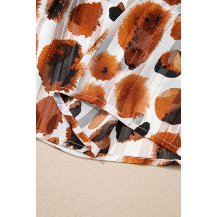 Brown Metallic Threading Accents Pleated Abstract Printed Ruffled 3/4 Sleeve Blo