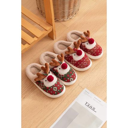 Fiery Red Christmas Cartoon Reindeer Plush Home Slippers