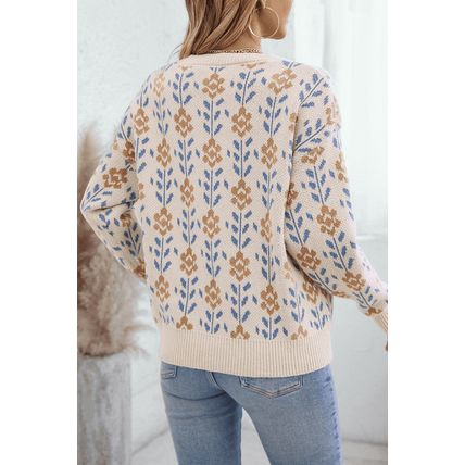 Apricot Floral Pattern Crew Neck Sweater