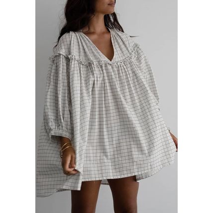 White Stripe Checkered Frilled V Neck Bracelet Sleeve Babydoll Dress