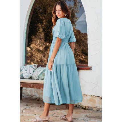 Light Blue Puff Sleeve Pleated High Waist Flowy Midi Dress