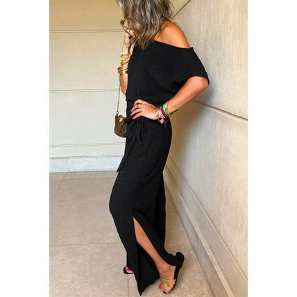 Black Checkered Mesh One Shoulder Short Sleeve Knotted Waist Jumpsuit