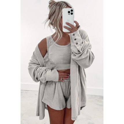 Gray 3 Pcs Crop Tank Top Shorts with Cardigan Lounge Set