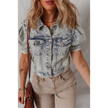 Beau Blue Light Wash Buttoned Chest Pocket Puff Sleeve Denim Jacket