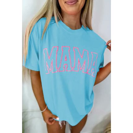 Light Blue MAMA Letter Graphic Neon T Shirt