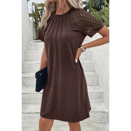 Dark Brown Contrast Lace Raglan Sleeve Pleated Detail Shift Dress